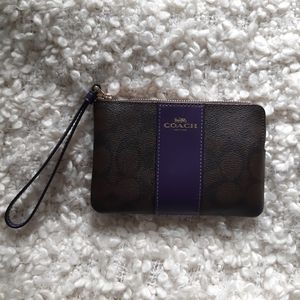 Coach Signature Leather Corner Zip Wristlet, Brown and Dark Purple